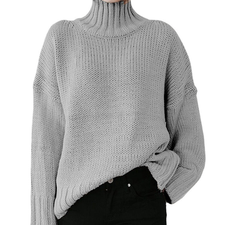 Turtleneck Long-Sleeved Solid Color Knitted Pullover Sweater