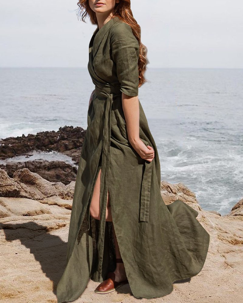 Casual Lapel Linen Maxi Dress - DUVAL