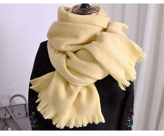 Women's Solid-color Cashmere Scarf with Thick Tassels