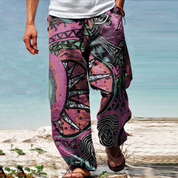 Men's Linen Western Ethnic Irregular Boho Print Double Pocket Stretch Loose Pants - DUVAL