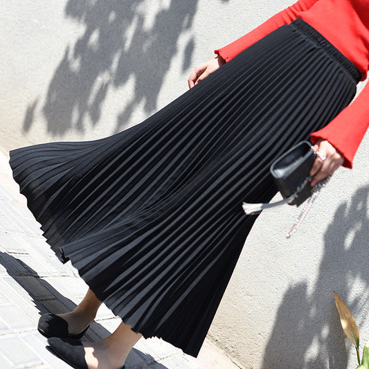 High waist elastic waist pleated skirt