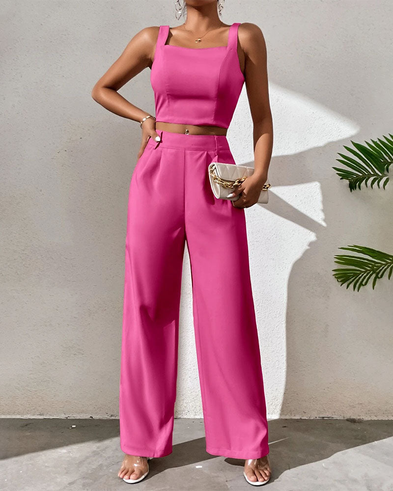 Sleeveless suspender top wide leg pants set