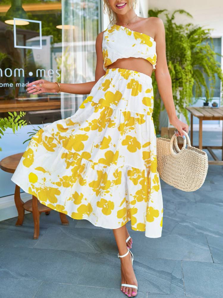 Printed Slanted Shoulder Top And Maxi Skirt Two-piece Set