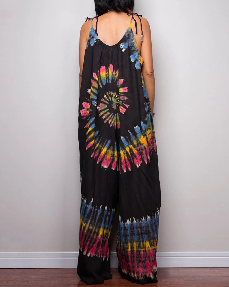 Tie-dye Printed Wide-leg Lace-up Loose Jumpsuit