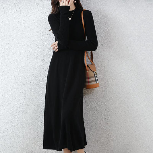 Elegant rib-knit midi turtleneck smart-knit dress