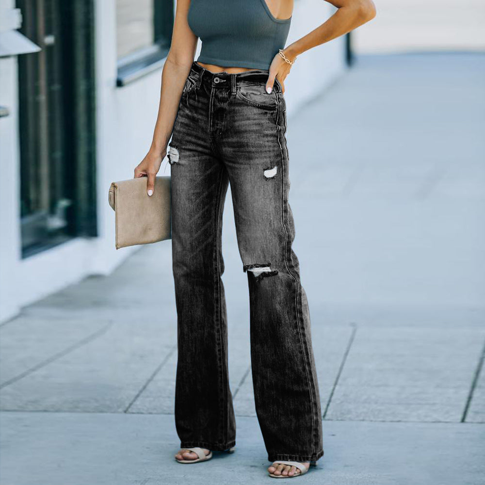 Casual temperament ripped denim wide-leg pants