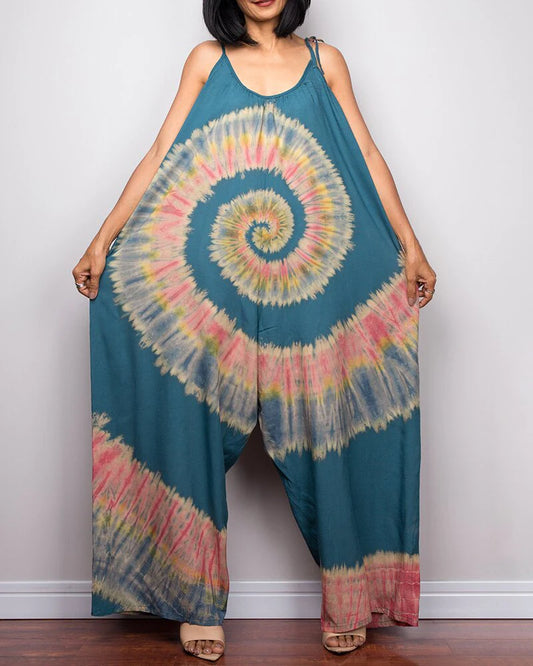 Tie-dye Printed Wide-leg Lace-up Loose Jumpsuit