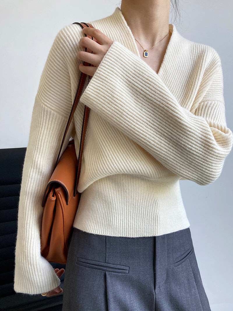 Cropped Vintage Crossover V-Neck Wrap Sweater