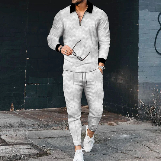 Luxury White on Black Long Sleeve Polo Suit