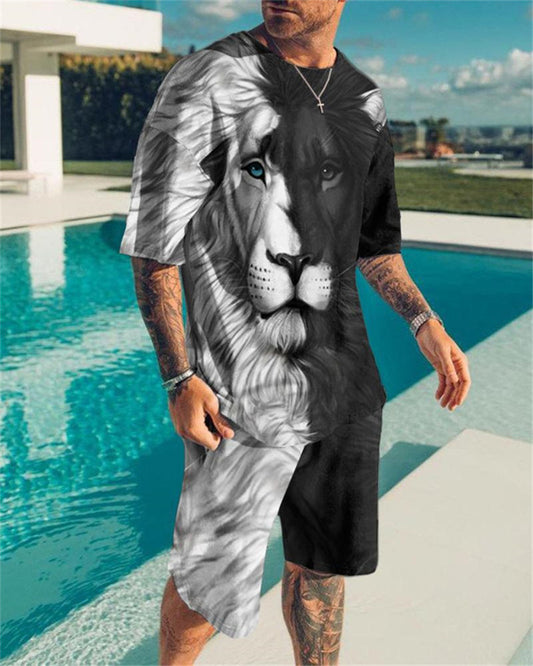 Oversized Men's T-Shirt & Shorts Set Black/White Lion