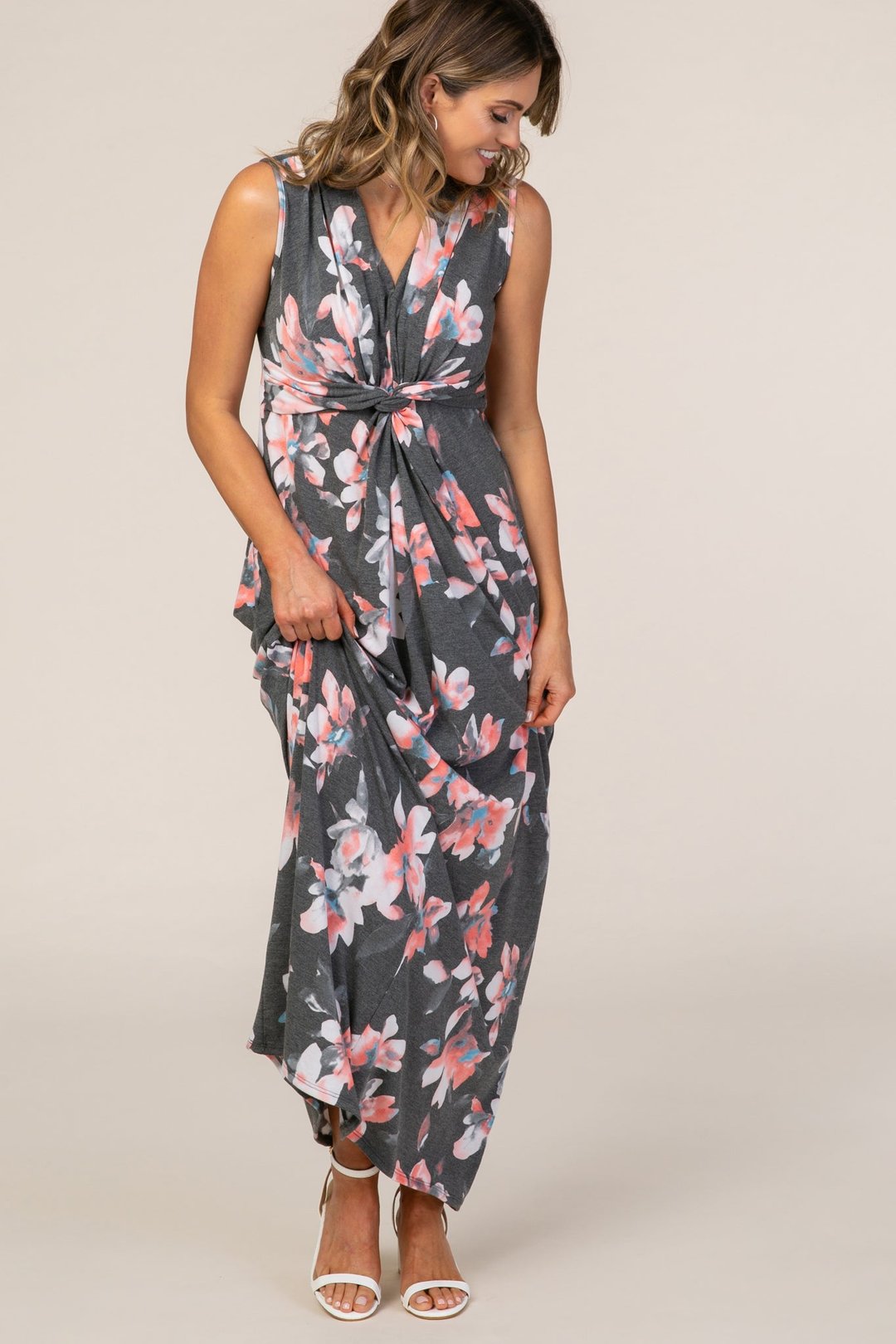 Charcoal Grey Floral Sleeveless Knot Front Maxi Dress - DUVAL