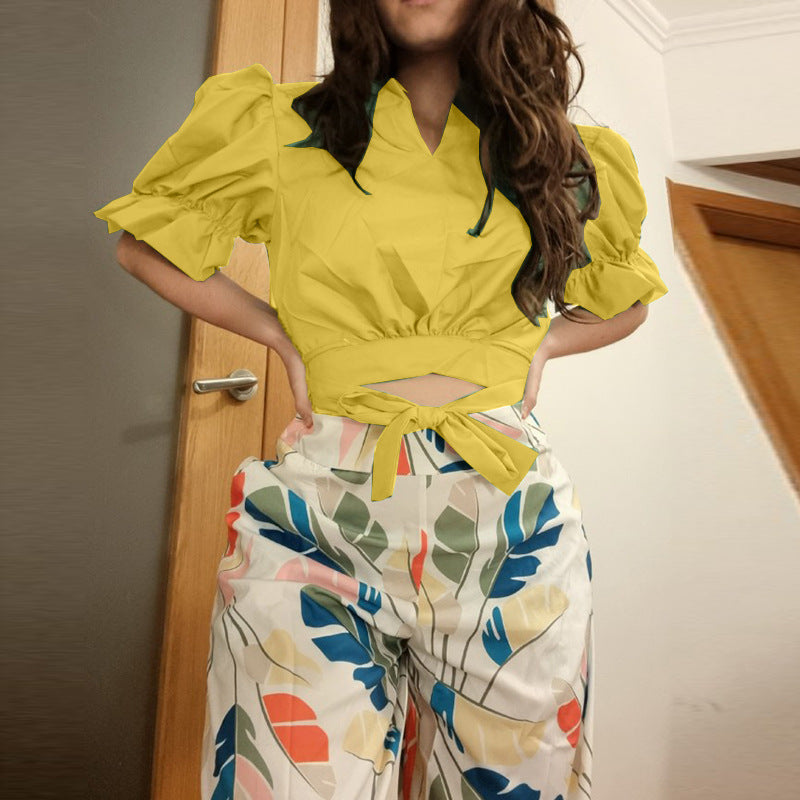 V-Neck Cutout Top Print Wide-Leg Trousers Two-Piece Set