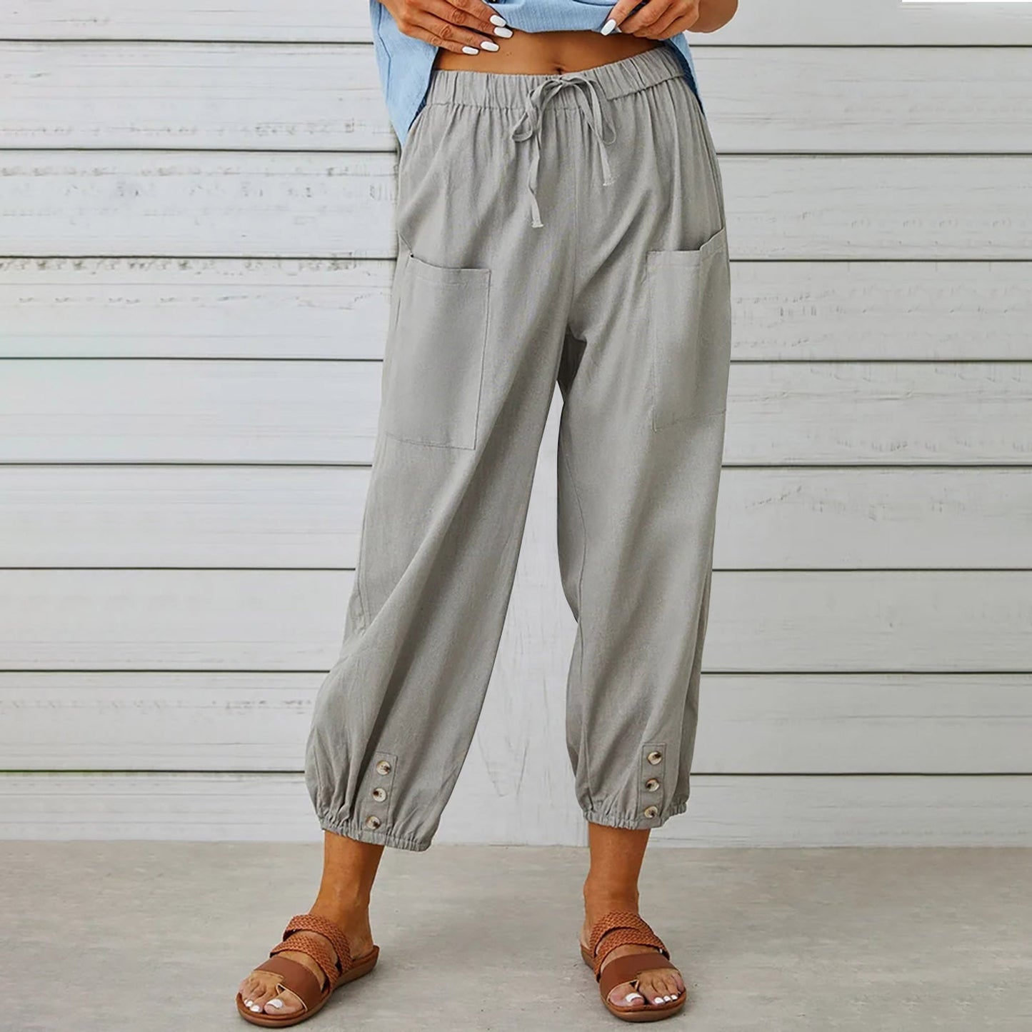 High Waist Buttoned Linen Trousers