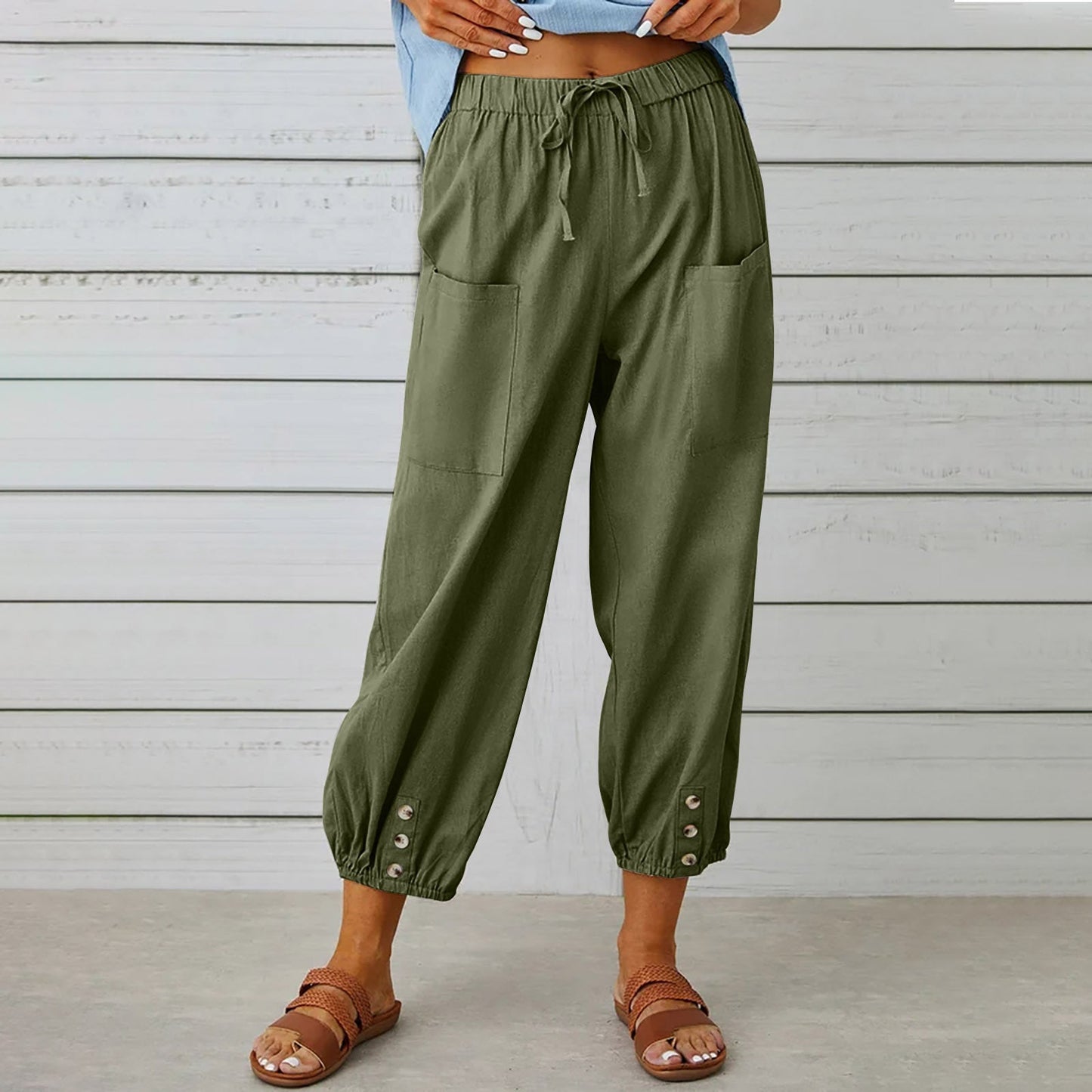 High Waist Buttoned Linen Trousers