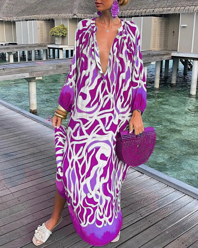 Autumn V-Neck Loose Long Sleeve Print Dress