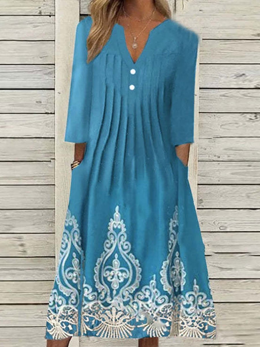 V-Neck Casual Loose Vintage Print Short Long Sleeve Midi Dress - DUVAL