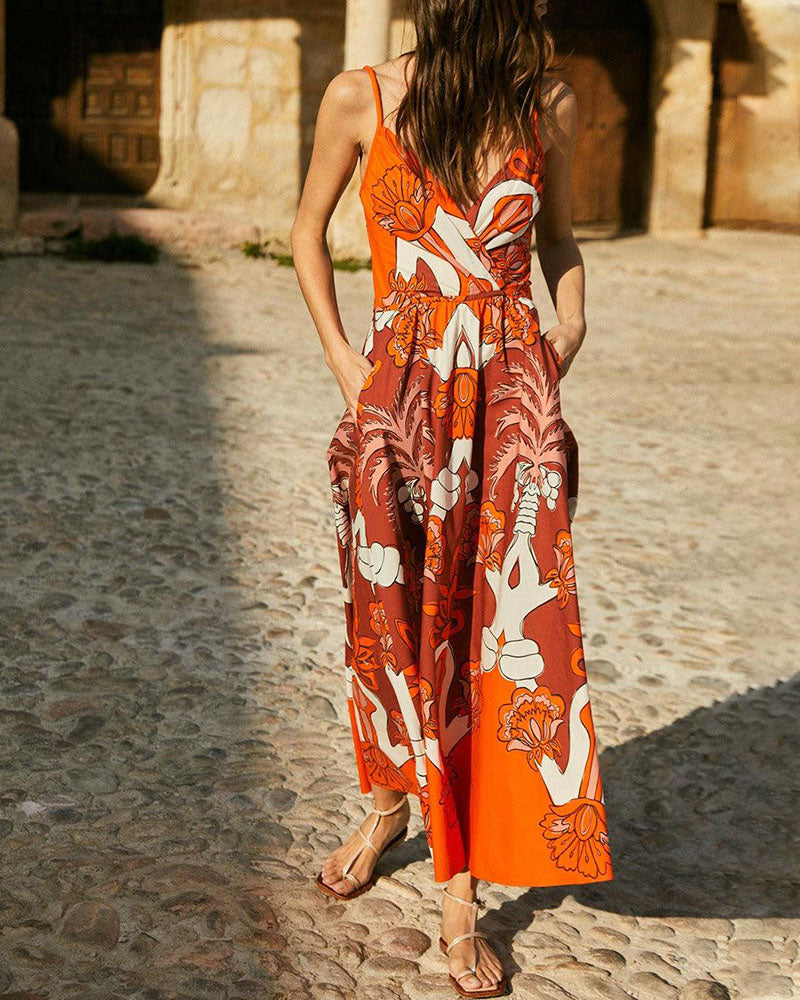 Orange Palm Tree Print Slip Dress