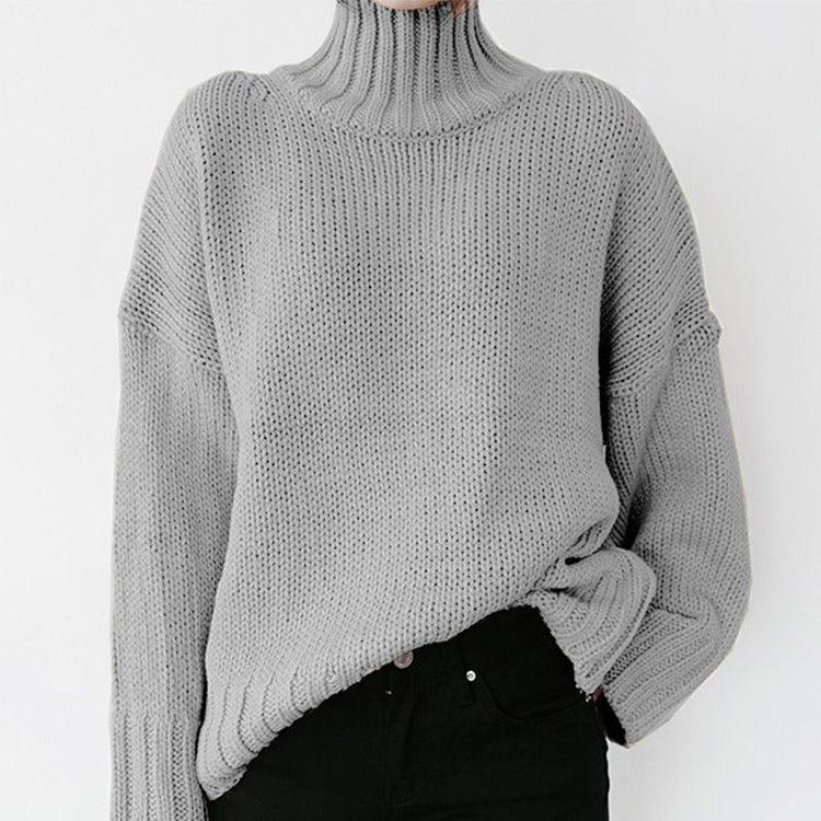 Turtleneck Long-Sleeved Solid Color Knitted Pullover Sweater