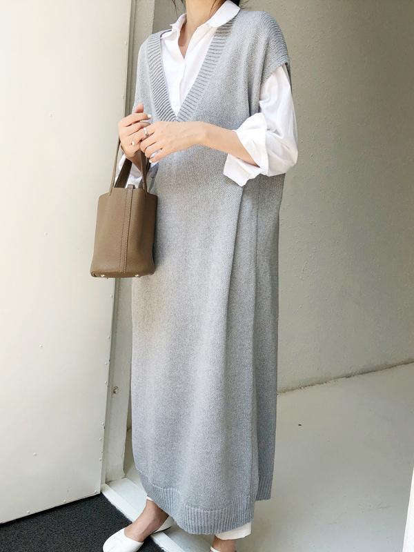 Knitting Loose V-Neck Sleeveless Long Dress