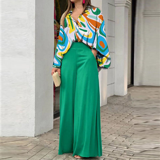 Casual printed shirt elegant wide-leg pants set