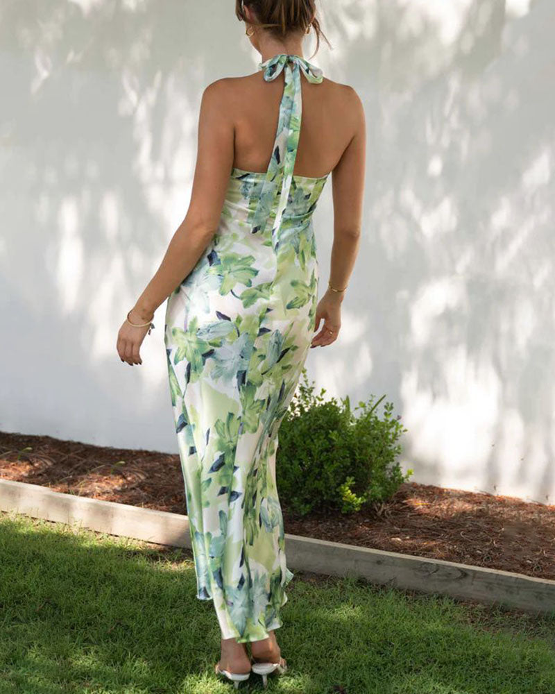 Elegant halterneck open back printed dress