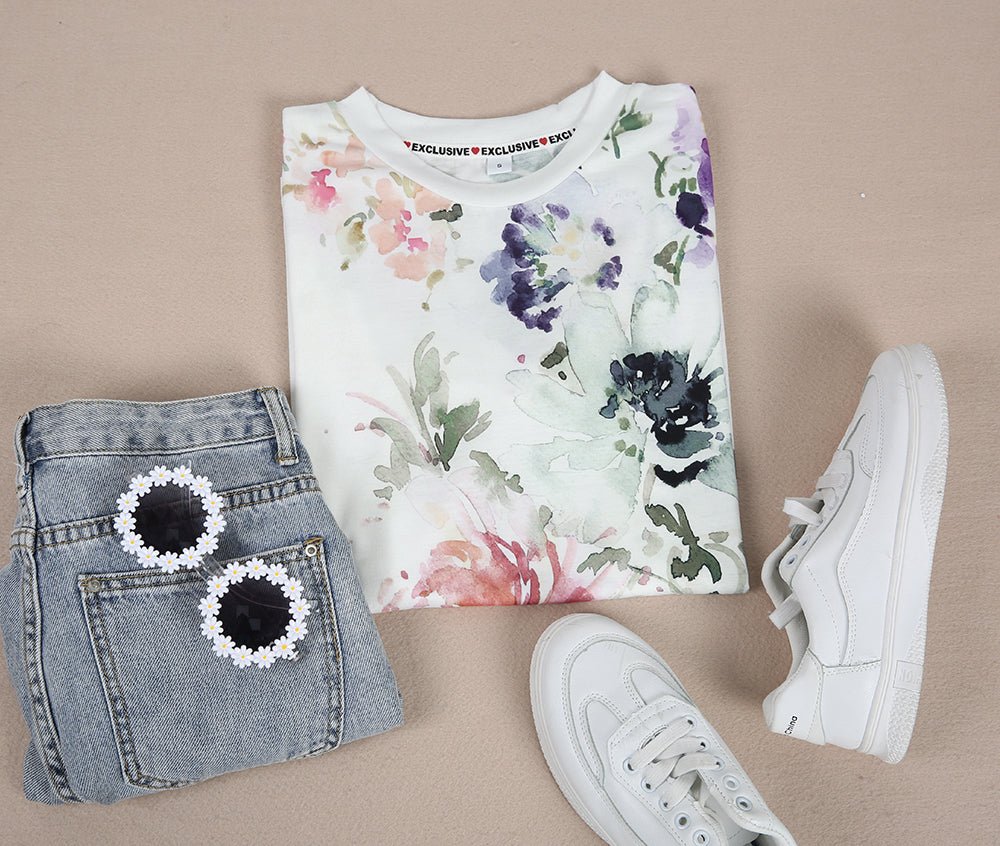 Watercolor Floral Print Splash Short Sleeve White Top - DUVAL