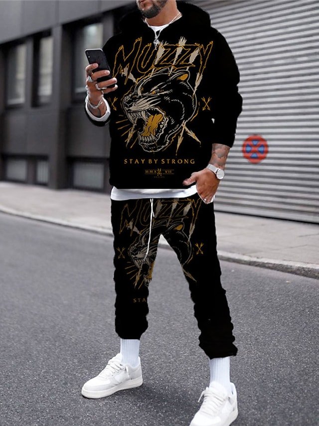 Men's 3D Hoodies Set Hooded Graphic Animal Print Casual Daily 3D Print Streetwear Casual Big and Tall Clothing Apparel Hoodies Sweatshirts Long Sleeve Purple Yellow - DUVAL