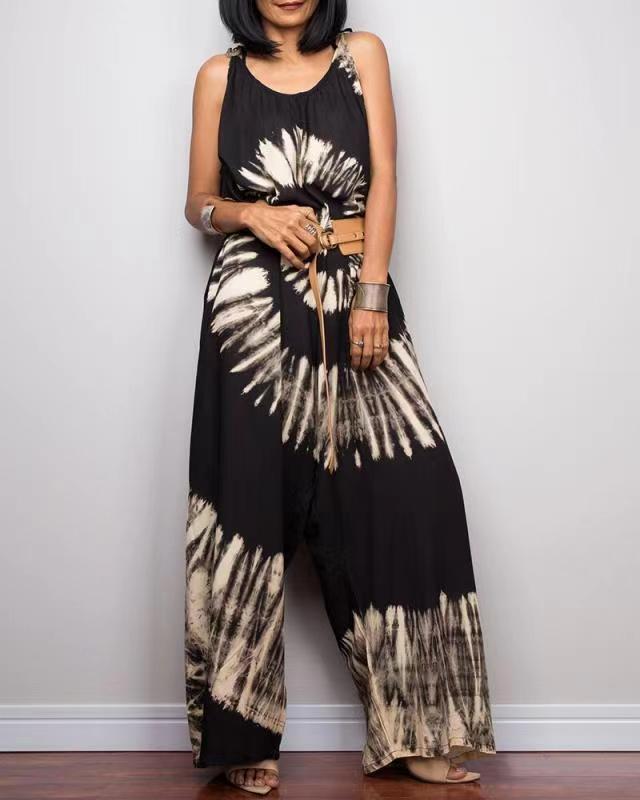 Tie-dye Printed Wide-leg Lace-up Loose Jumpsuit