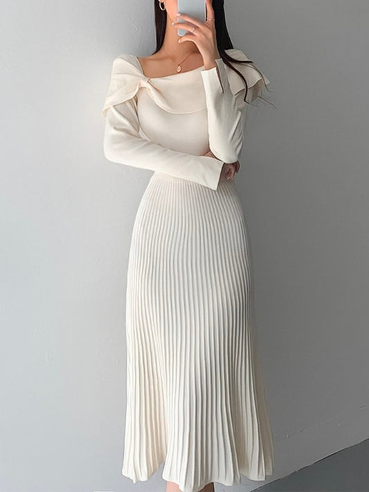 Elegant Acrylic Plain Long Sleeve Midi Dress