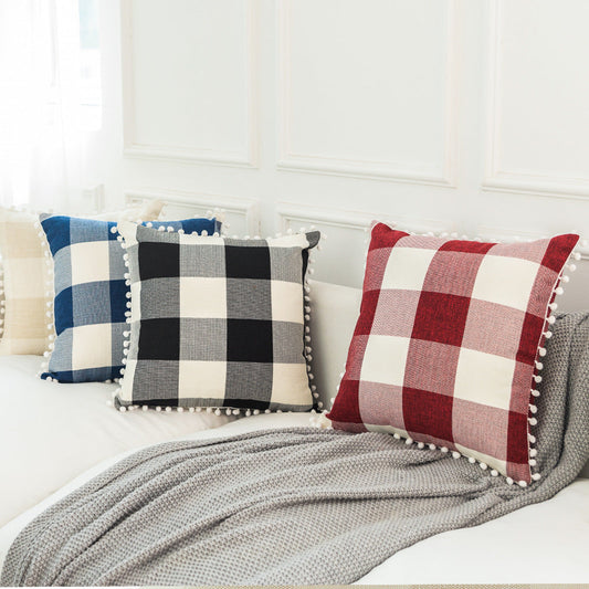 Plaid hairball lace pillow case square tassel cushion cover