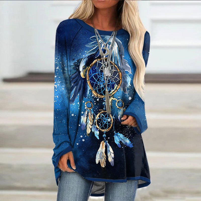 Blue Skyline And Wind Chimes Pattern Print Women Mock Neck Long T-Shirt - DUVAL