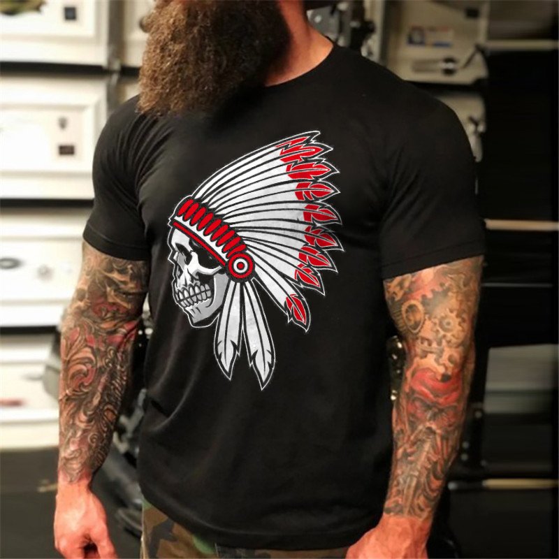 Skull Indian Style Head Dark Biker Men's Short Sleeve T-Shirt - DUVAL