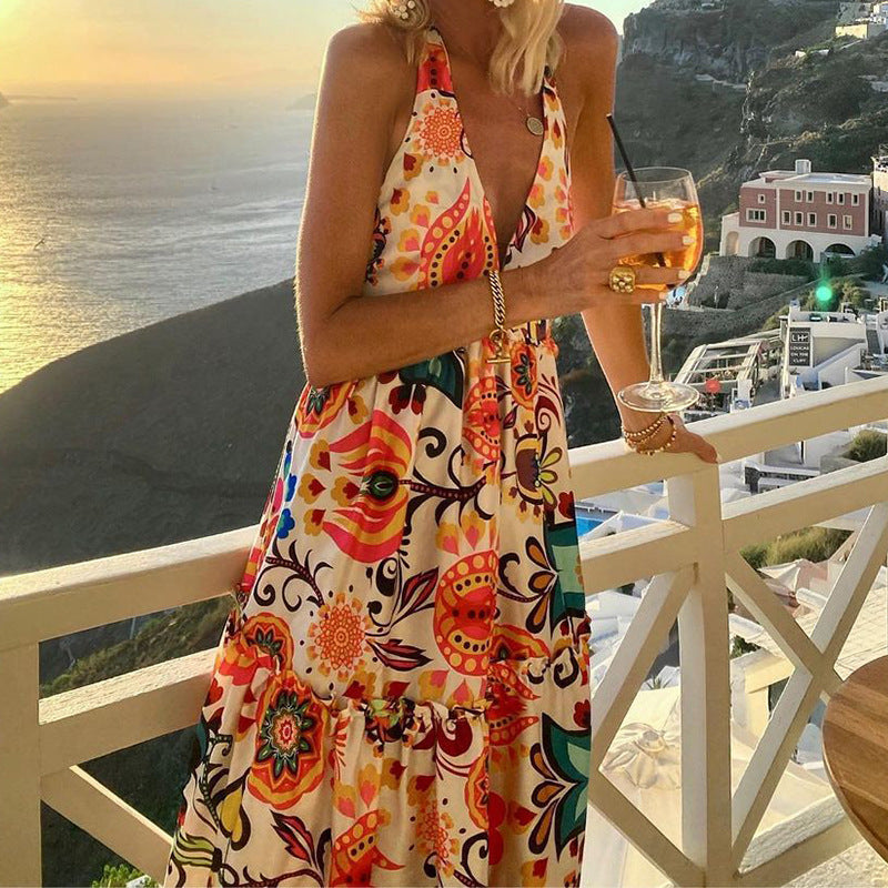 V-Neck Halter Neck Backless Resort Dress