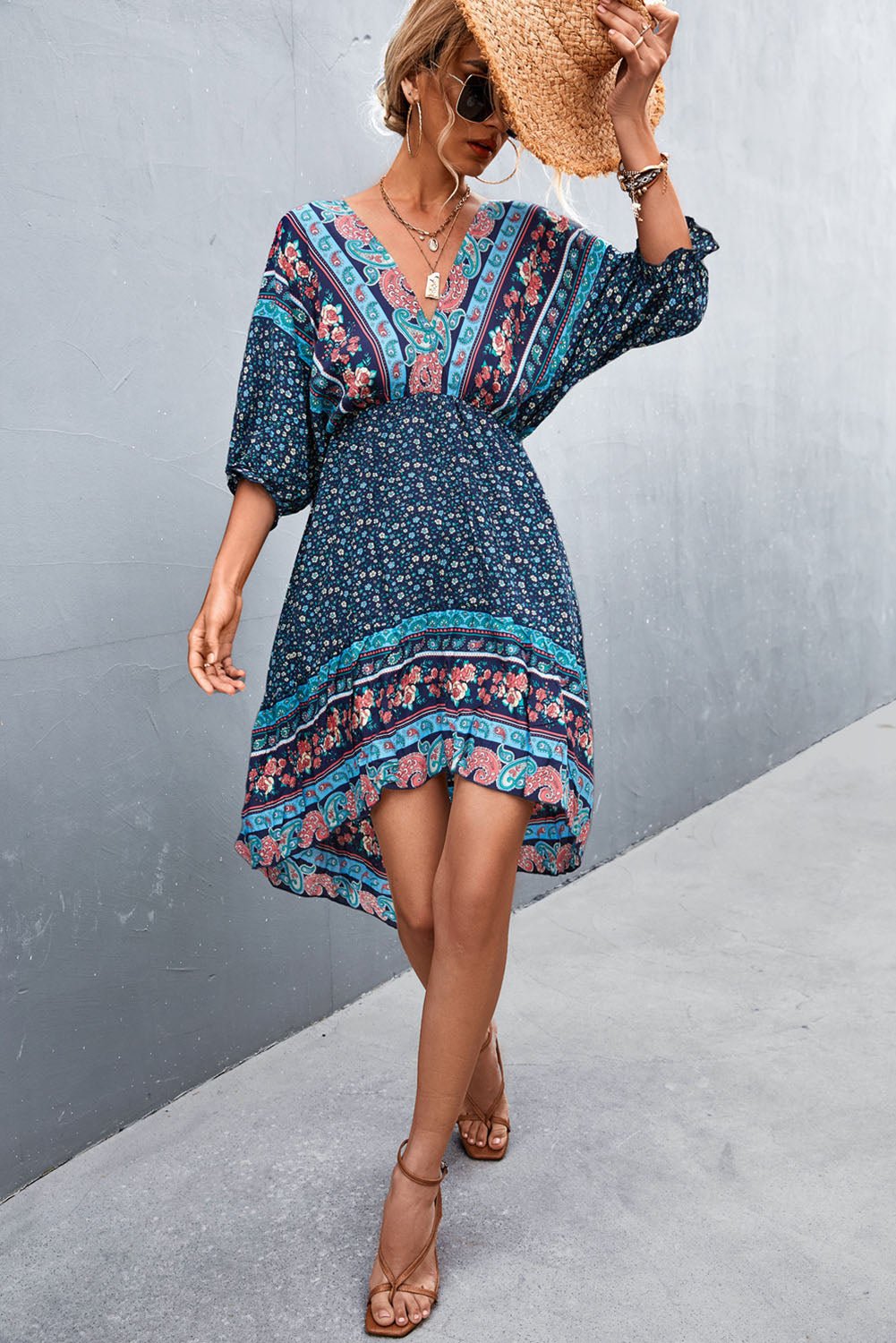 Floral Printed Bohemian V Neck Dress - DUVAL