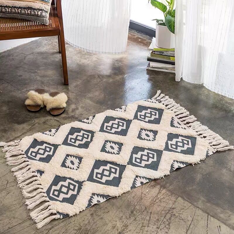 Cotton fringed floor mat simple bedroom tufted foot mat