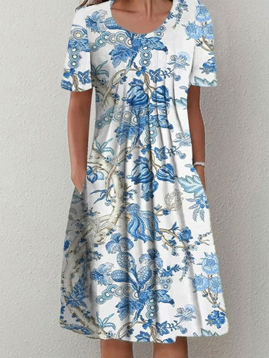 Round Neck Loose Floral Print Summer Short Sleeve Midi Dress - DUVAL