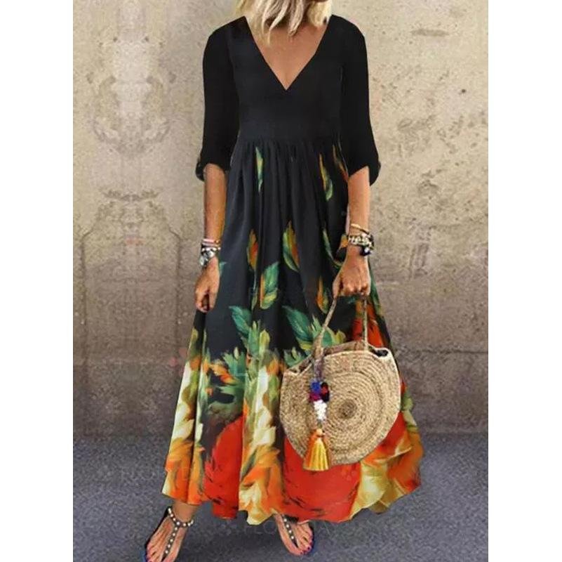 V-Neck Black Bottom Floral Blouse Dress - DUVAL