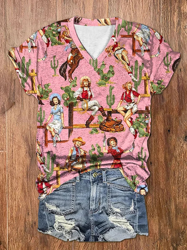 Women's Vintage Western Cowboy Print V-Neck T-Shirt