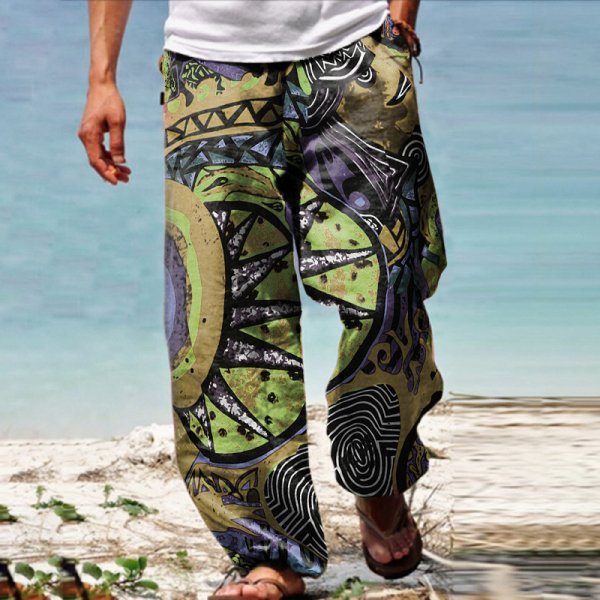 Men's Linen Western Ethnic Irregular Boho Print Double Pocket Stretch Loose Pants - DUVAL