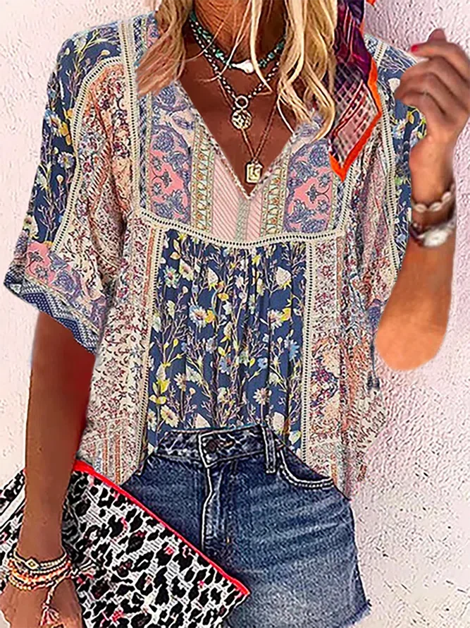 Plus Size Boho Casual Short Sleeve Tops - DUVAL