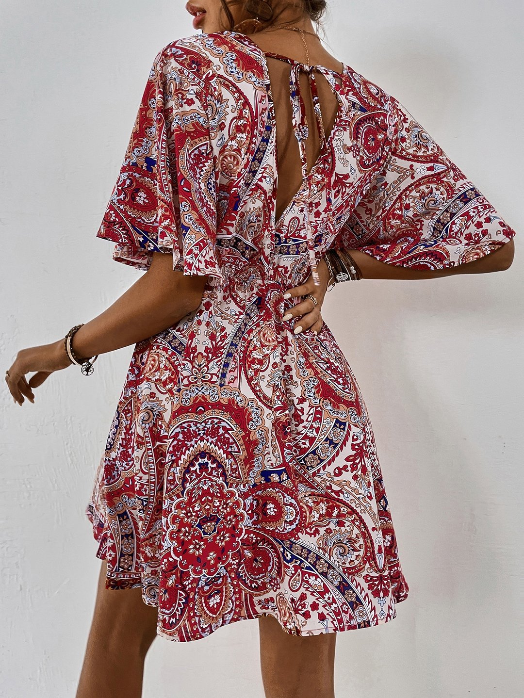 Plus Size Allover Paisley Print Tie Back Butterfly Sleeve Dress Without Belt - DUVAL