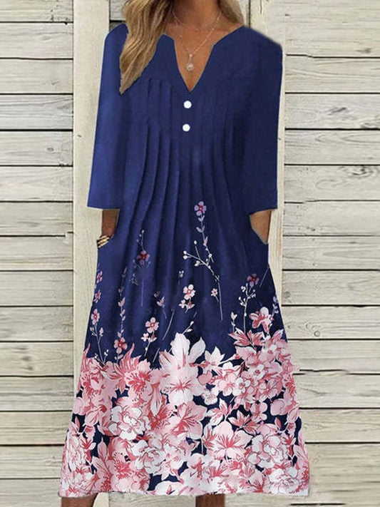 V-neck Casual Loose Vintage Print Short Long Sleeve Midi Dress - DUVAL