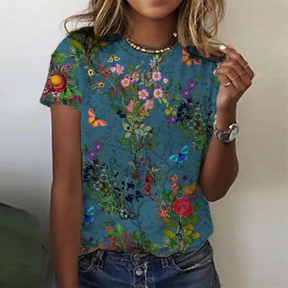 Turquoise Floral Garden Butterfly Print Short Sleeve Top - DUVAL