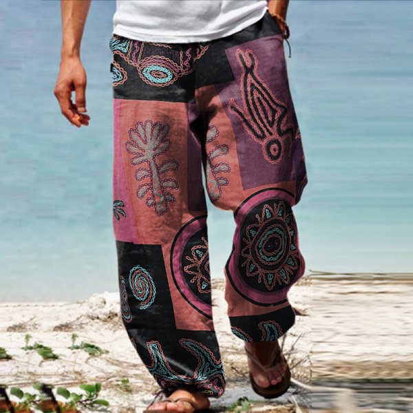 Men's Linen Western Ethnic Irregular Boho Print Double Pocket Stretch Loose Pants - DUVAL