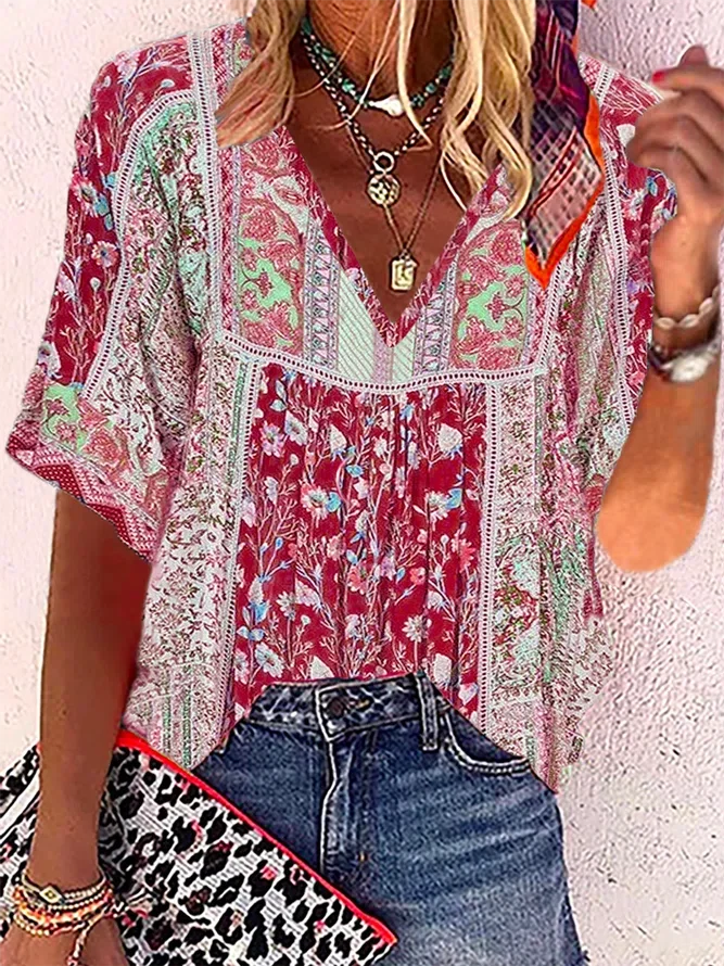 Plus Size Boho Casual Short Sleeve Tops - DUVAL