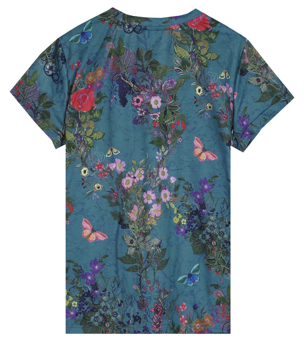 Turquoise Floral Garden Butterfly Print Short Sleeve Top - DUVAL