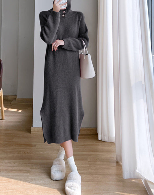 Two-wear autumn and winter loose slit knitted long dress with lapel collar