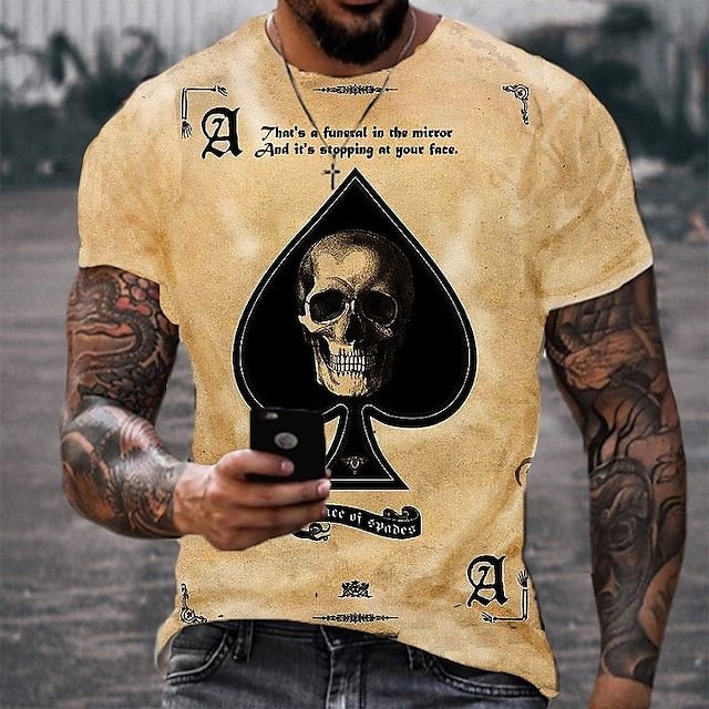 Men's T shirt Tee 3D Print Graphic Prints Poker Crew Neck Halloween Street 3D Print Short Sleeve Tops Fashion Breathable Comfortable Big and Tall Khaki - DUVAL