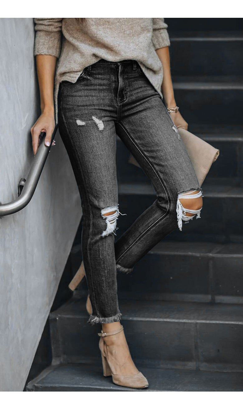 women's ripped fringed straight jeans