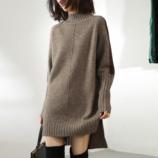 High-neck loose thick color-block knitted dress